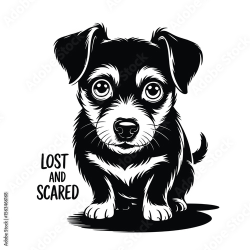 Scared dog crouching with tail between legs black vector silhouette on white background