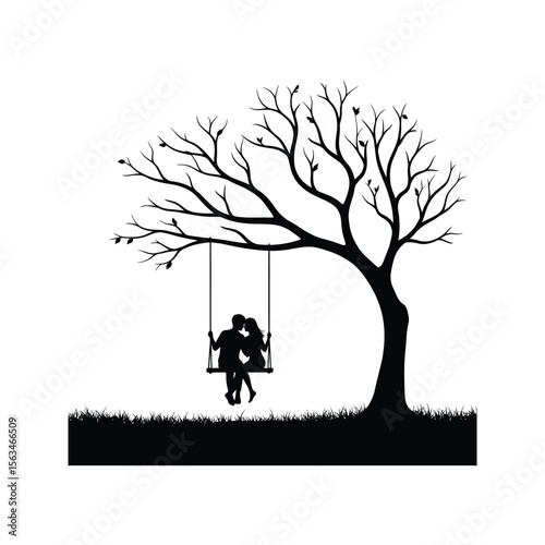 Silhouette of Couple Kissing on a Swing Hanging from a Bare Tree