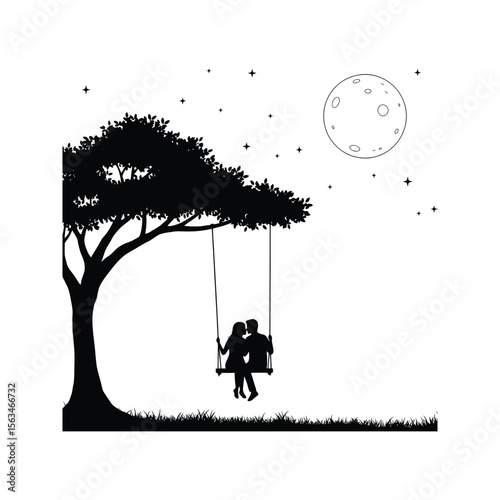 Silhouette of Couple Kissing on a Swing Under a Tree at Night with a Full Moon