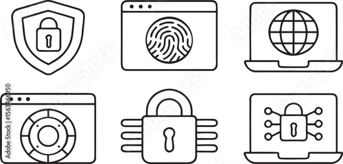 Online Security Icon Pack, fingerprint, lock, shield, firewall, encryption, private browser, secure login icons for tech and finance apps