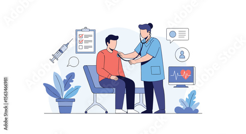 Doctor examines a patient in a clinic with medical equipment and health monitoring displays around them