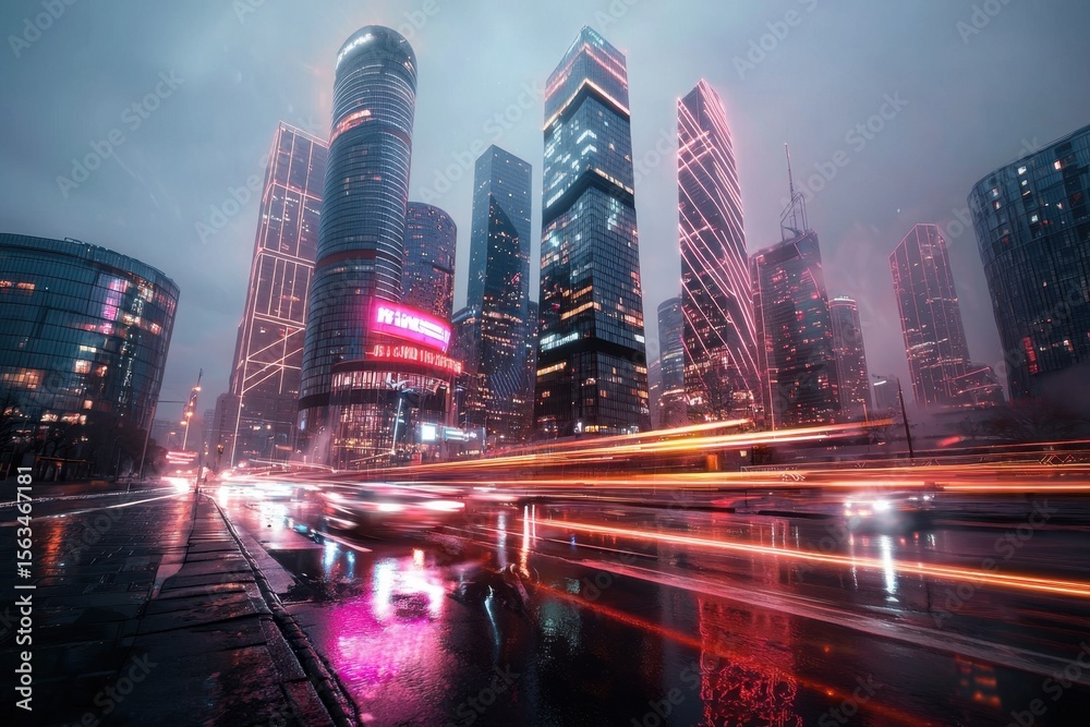 Fototapeta premium Futuristic city skyline at night urban landscape high-tech architecture rainy environment dynamic viewpoint illuminated skyscrapers