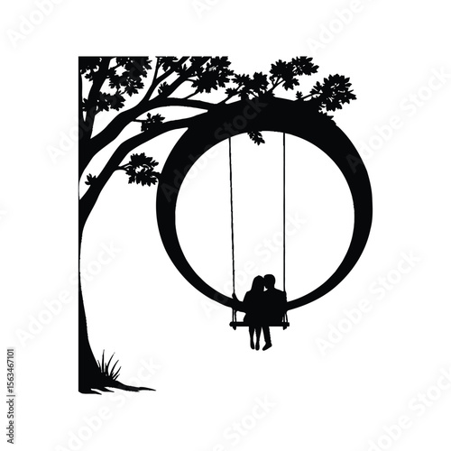 Silhouette of Couple on a Circular Swing Hanging from a Tree