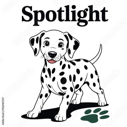 Vector illustration of a playful dalmatian with black spots in dynamic pose and spotlight text on white background