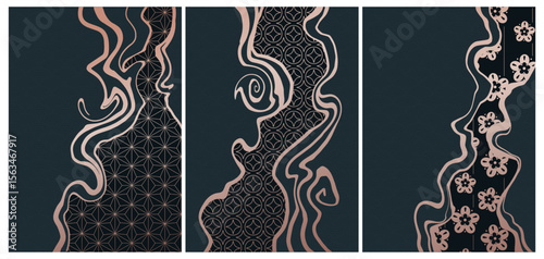 vector abstract japanese style landscapes lined waves in black and gold colours	, set of 3 artwork