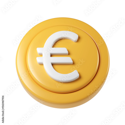 Golden 3d render icon money financial coin euro spinning, metallic design gleaming, digital surface with transparent background