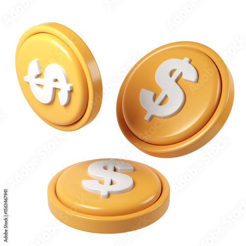 3d render icon business gold coins with dollar symbol Three on transparent background, perfect for financial and rotating payment projects