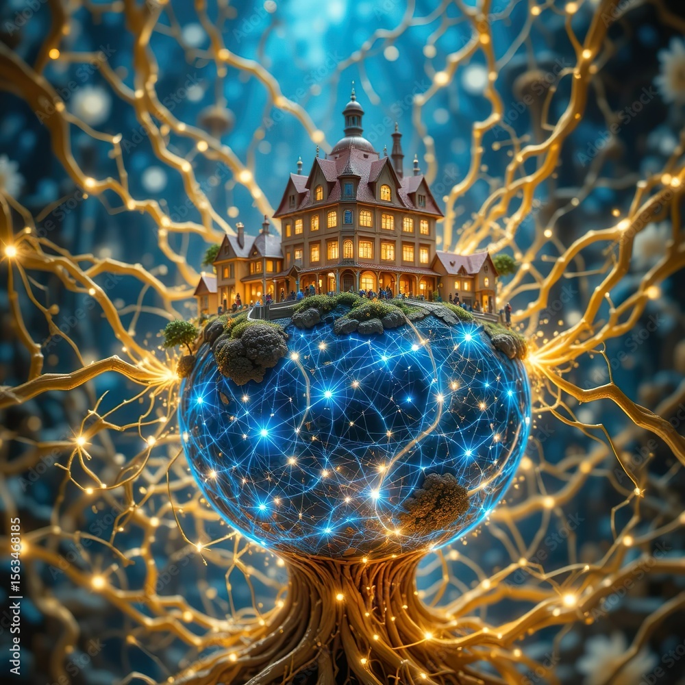 Obraz premium Beautiful Architecture Resting on a Luminous Networked Globe, Perched on a Tree Trunk with Intricately Entangled Roots and Branches
