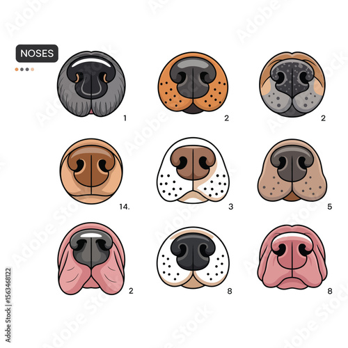 Vector line art of eight distinct dog noses with textured detail and subtle shading on white background