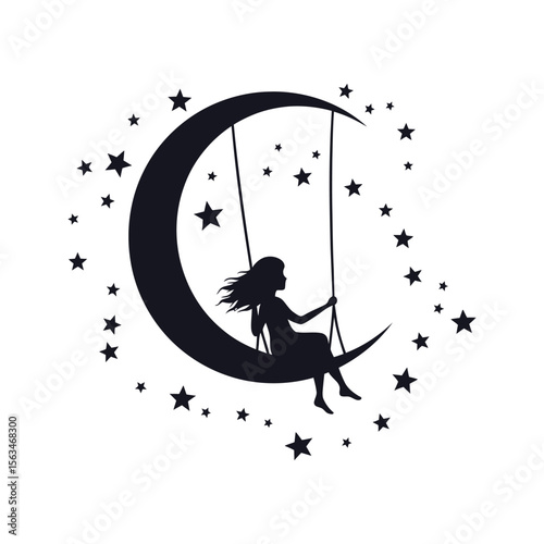 Silhouette of Girl Swinging on Crescent Moon with Stars  Dreamy Night Sky Illustration