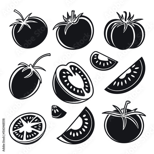 Set of 16 tomato icons in silhouette style isolated on white background