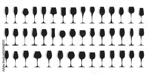 Elegant Silhouette Collection of Wine Glasses Diverse Shapes Styles for Creative Designs in Black and White