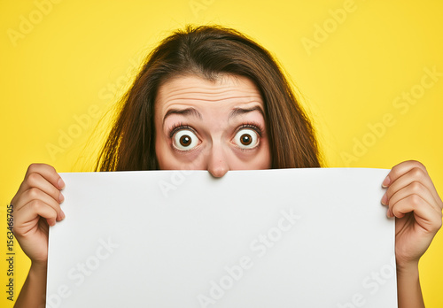 Shocked Woman Holding Blank White Sign – Studio Portrait on Yellow Background with Copy Space, Perfect for Advertising, Branding, and Marketing Campaigns