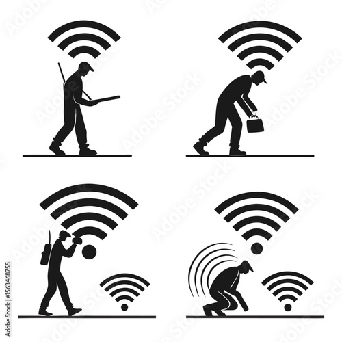 Set of six wi fi signal strength indicator icons silhouette isolated on white background