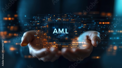 Anti-Money Laundering (AML) concept: Person holding AML icons on virtual screen for anti-money laundering regulations in financial institutions.