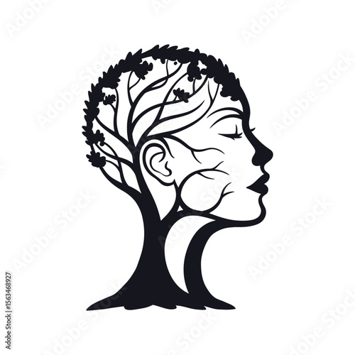 Womans face with tree inside nature spiritual growth feminine black and white illustration