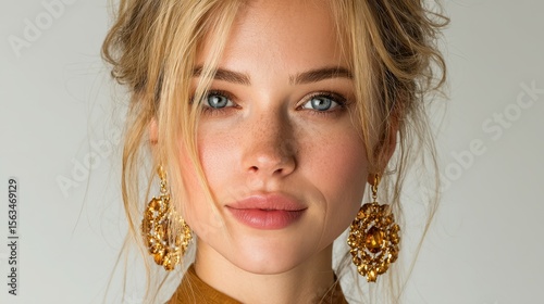 Portrait of a woman with golden earrings and natural makeup in a studio