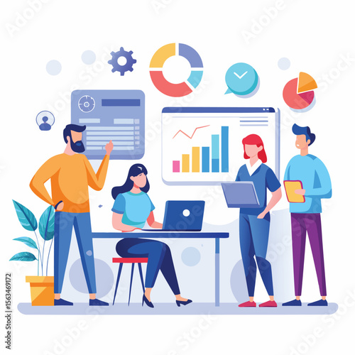 Team of professionals collaborating on data analysis and business strategy in an office