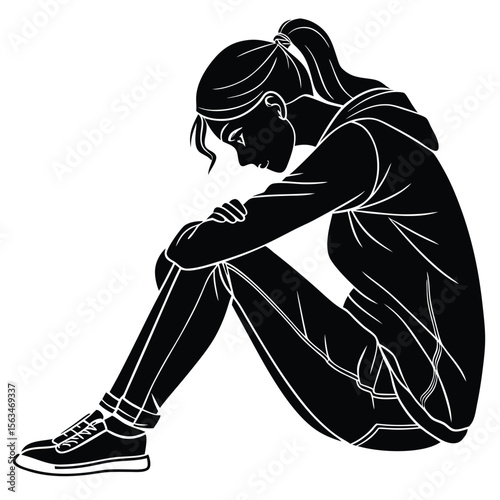 Silhouette of a Young Woman Sitting, Pensive Pose