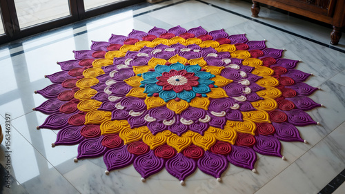 Top view of intricate mandala rangoli made with vibrant colored powders for Diwali celebration, on marble floor