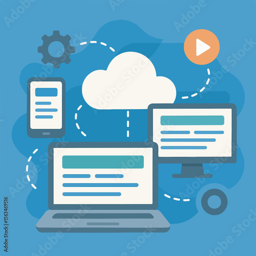 Cloud computing concept with laptop, printer icon, and business document for web and mobile technology design
