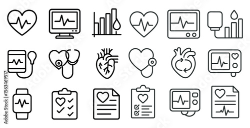 Collection of medical icons including a heart, a stethoscope, and a blood pressure monitor
