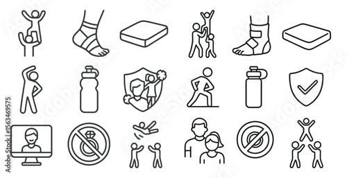 Series of icons depicting various activities and rules for a fitness center. The icons include a person stretching, a person lifting weights, a person wearing a knee brace