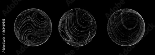 Digital ai particle globes with abstract lines and dots on black background. Futuristic 3D spheres symbolizing AI, data science, biotech and network visualization.