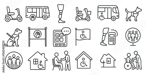Series of icons depicting various modes of transportation and people with disabilities. The icons include a bus, a scooter, a wheelchair, a dog, a person with a cane, and a person with a dog