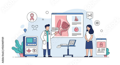 Medical Professional Explaining Health Information on a Large Screen to a Patient During a Consultation Discussing Anatomy and Diagnosis