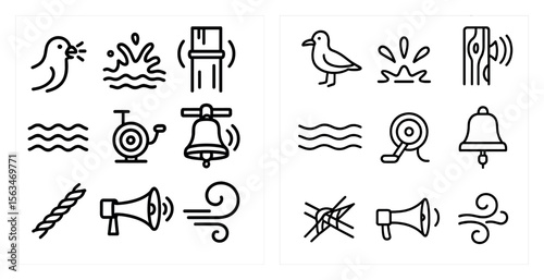The image is a set of icons that represent various things related to water, such as a boat, a bird, and a bell. The icons are all in black and white, and they are arranged in a grid-like pattern