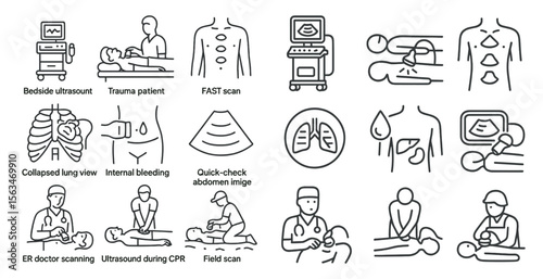 Series of medical images and icons, including a bedside ultrasound, a CT scan, and a doctor