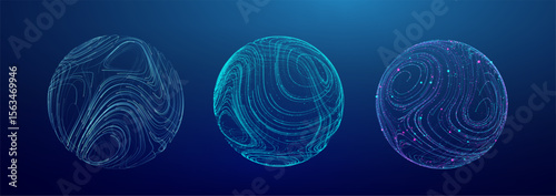 Particle globe AI abstract digital 3D data spheres with flowing particle lines and dots. Futuristic tech globes representing networks, science, and virtual connections.