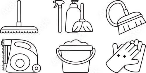 Home Cleaning Tools Icon Pack, vacuum cleaner, mop, broom, detergent bottle, cleaning gloves, icons for housekeeping apps and UI