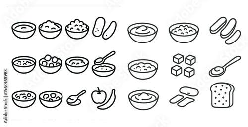 Set of bowls with various food items in them. The bowls are arranged in a row and are labeled with the name of the food item