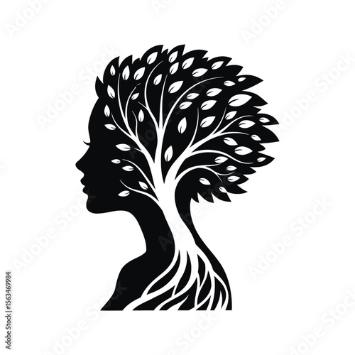 Woman Silhouette with Tree as Hair Nature Growth Black and White Vector Illustration