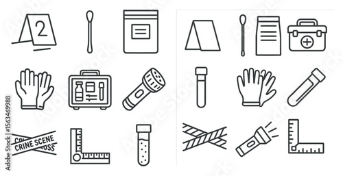 Set of medical supplies and tools. The supplies include a blood pressure cuff, a thermometer, a stethoscope, and a syringe. The tools include a flashlight, a ruler, and a first aid kit