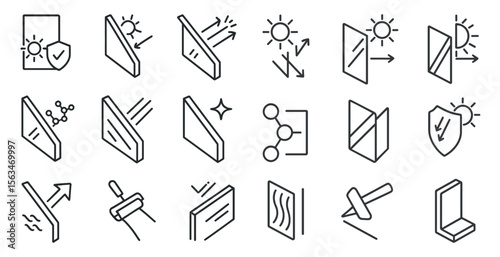 Set of icons for window treatments. The icons include a window with a sun shining through it, a window with a sun shining on it, a window with a sun shining on it