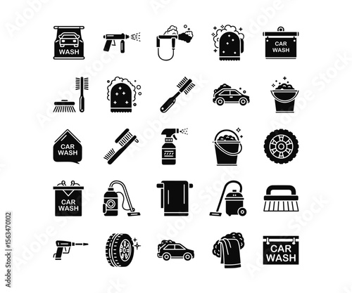 Car Wash & Auto Detailing Icons: Black Glyph Set for Vehicle Cleaning Services