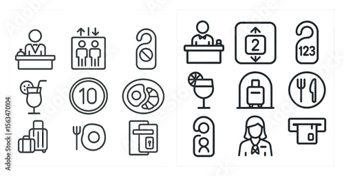 The image is a set of icons for a hotel. The icons include a person with a tray, a person with a suitcase, a person with a fork and knife, a person with a drink, a person with a book