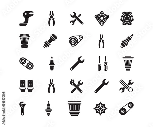 Car Parts & Auto Repair Tools Icons: Black Glyph Set for Vehicle Maintenance