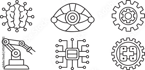 Artificial Intelligence Icon Pack, robot gear, AI automation, neural links, chatbot icons for smart systems and tech apps