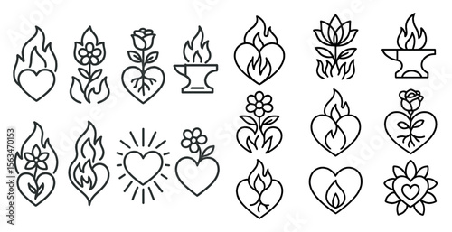 Set of black and white drawings of flowers, hearts, and fire. The drawings are all connected and seem to be part of a larger design. The mood of the images is one of warmth and love