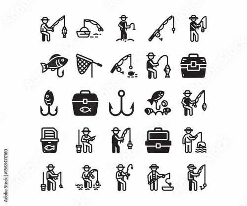 Fisherman & Fishing Gear Icons: Black Silhouette Set for Angling & Outdoor Sport