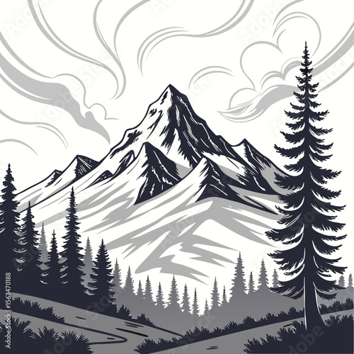 Snowy Mountain Peak Pine Forest Landscape Grayscale Illustration
