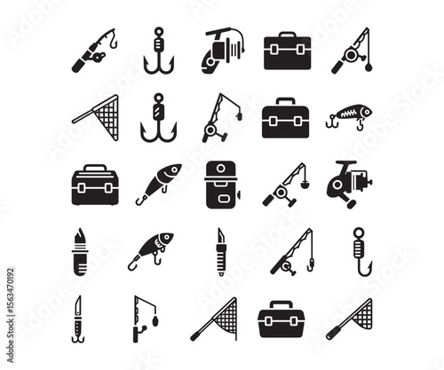 Fishing Gear & Angling Icons: Black Silhouette Set for Fishermen & Outdoor Sport