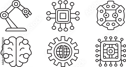 AI and Robotics Icon Set, robot arm, AI chip, neural network, automation, gear, chatbot, tech icons for future innovation platforms