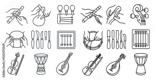Collection of musical instruments and tools, including a knife, a spoon, and a pair of scissors