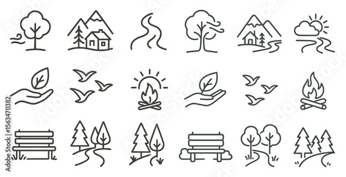 Series of icons depicting various outdoor scenes, including a hand holding a leaf, a bird, a bench, a tree, and a fire