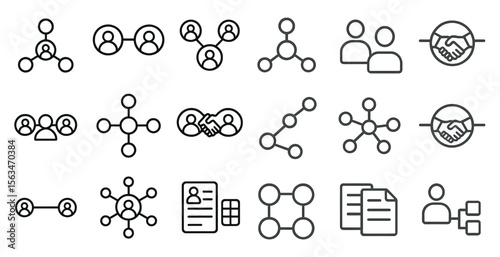 Series of icons depicting people and documents. The icons are all connected to each other, representing a network of relationships and communication. Scene is professional and collaborative